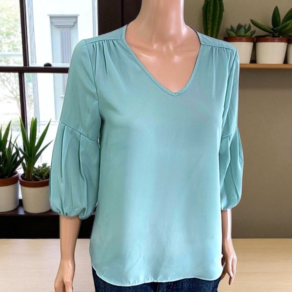 Pink Rose Sage Green V-Neck Balloon 3/4 Sleeves Blouse - Picture 11 of 13